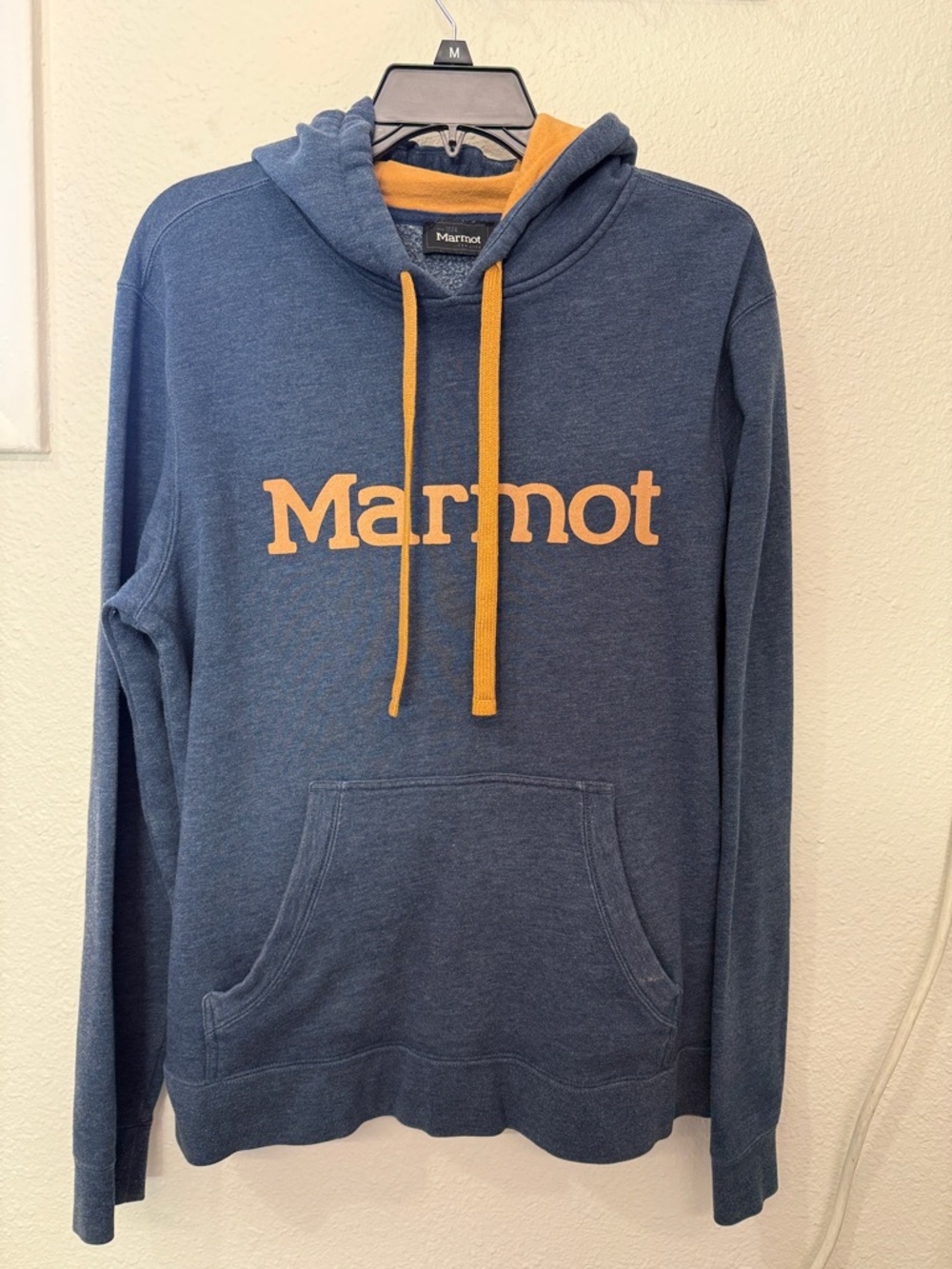 Marmot Navy Blue Pullover Hoodie with Gold Accents